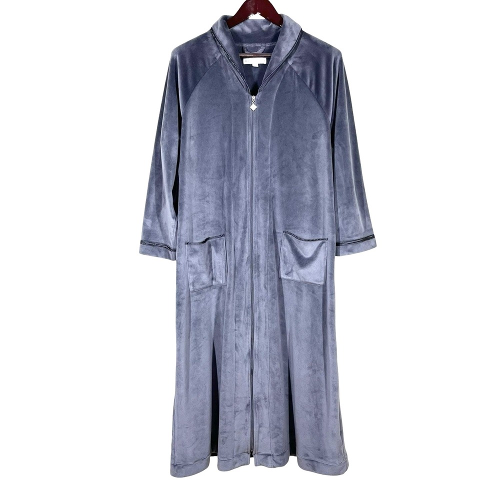 Eileen West Lux Velour Full Zip Ballet Robe Size S/M Gray Cozy Housecoat Lounge